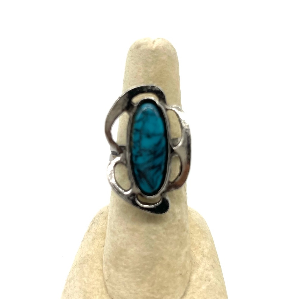Turquoise On Silvertone Statement Ring - image 1